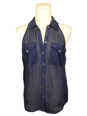bebe Navy Pinstripe Sleeveless Button-Up Halter Blouse